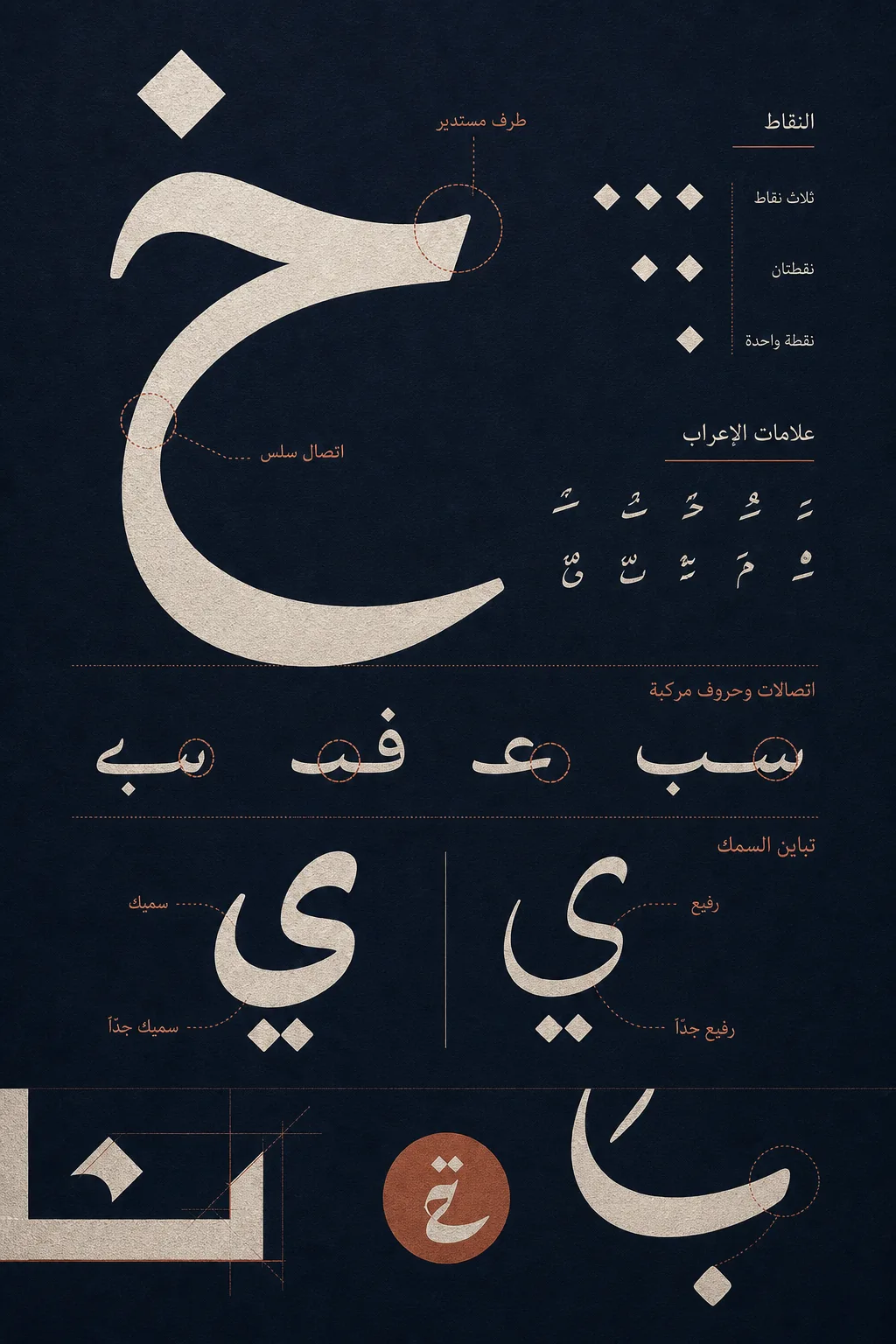 Arabic glyph clues including dots, joins, and diacritics