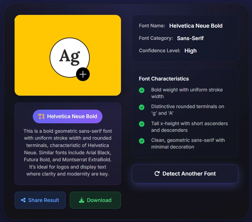 Font Detector result screenshot — AI identifying a font from an uploaded image