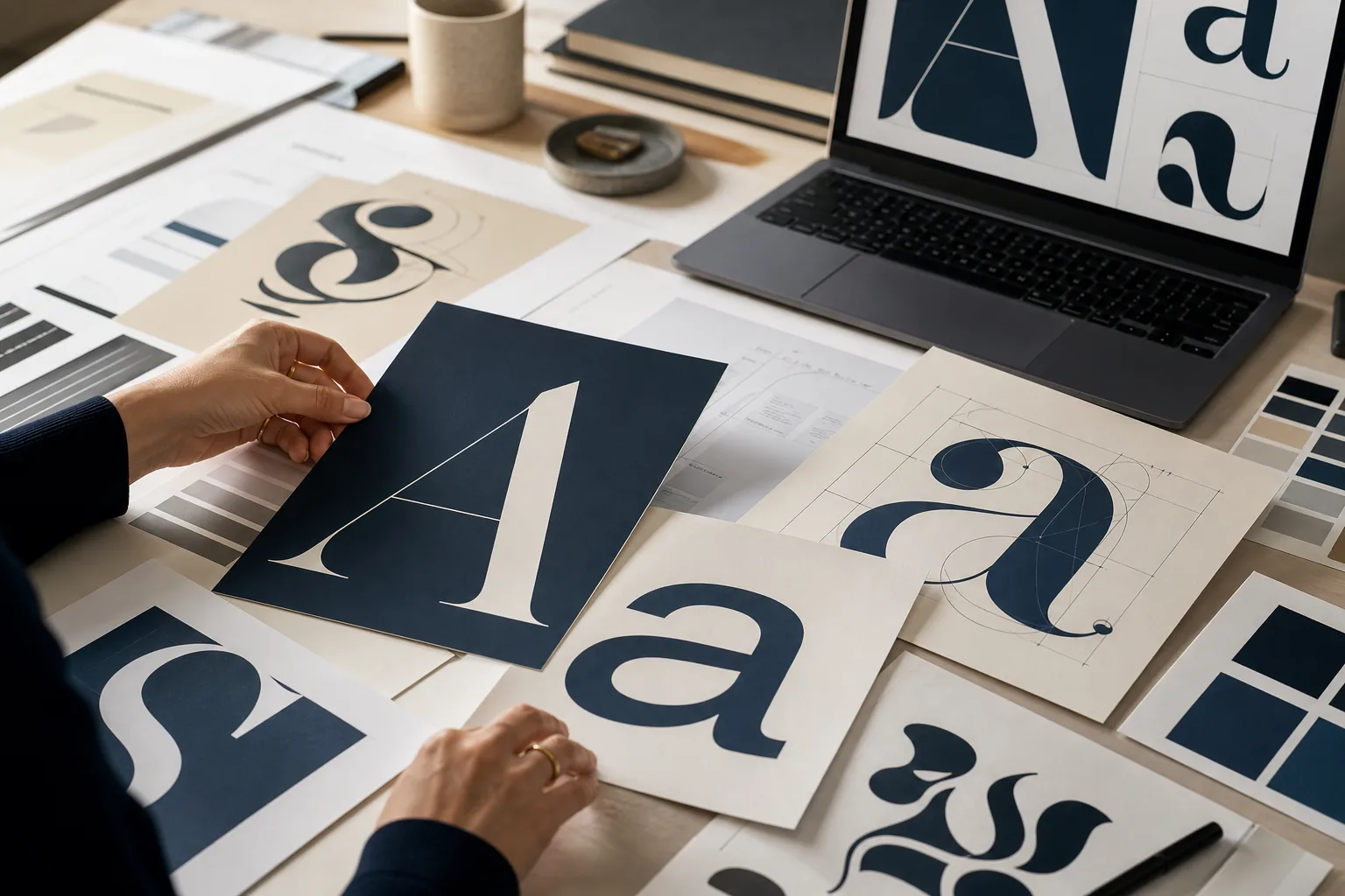 Designer comparing serif and sans serif type specimens for a font pairing project