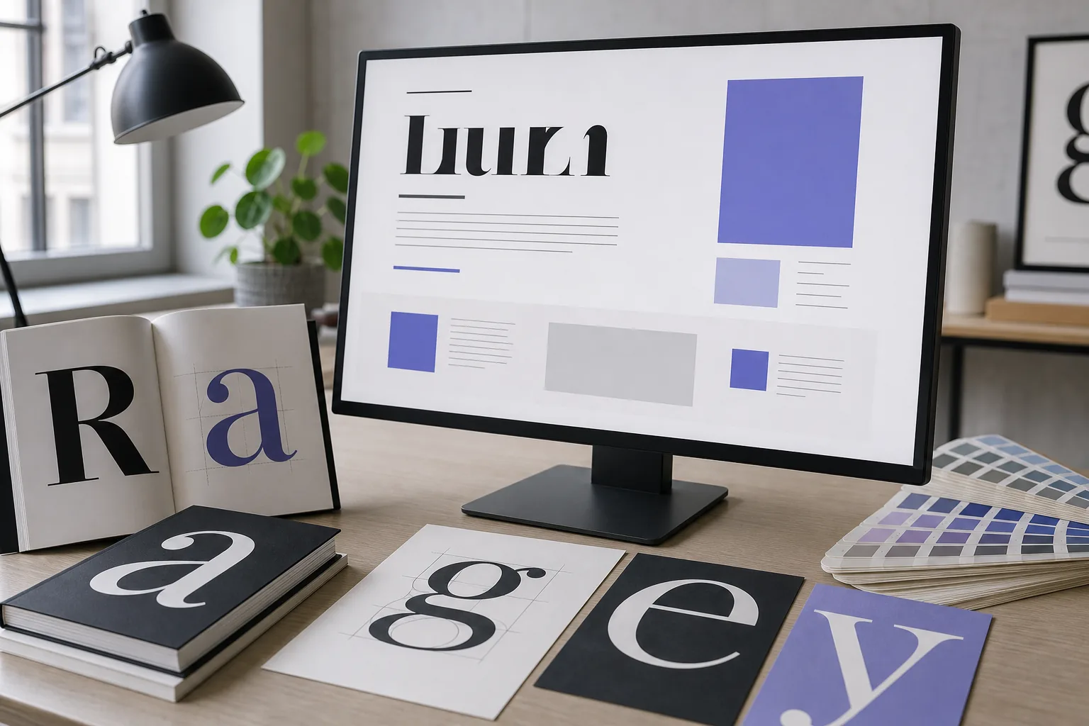 Web design workspace showing heading and body typography hierarchy on a responsive page
