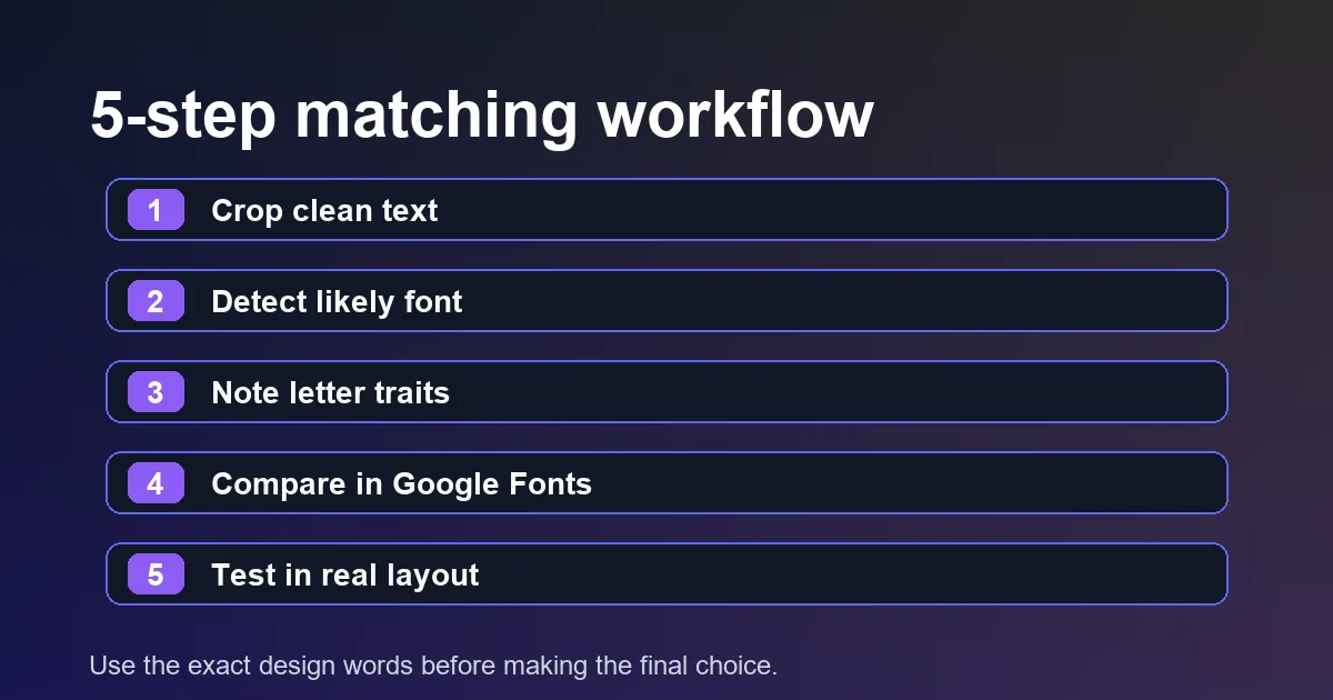 Five step process from cropped text image to identified font and Google Fonts shortlist