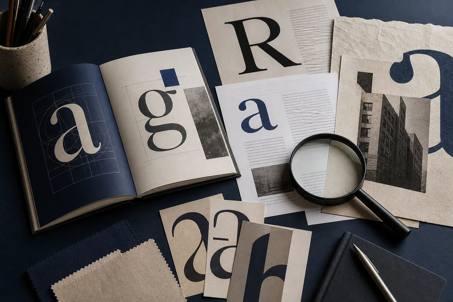 Typography specimens, document pages, and a magnifying glass used to find fonts in PDF and Word files