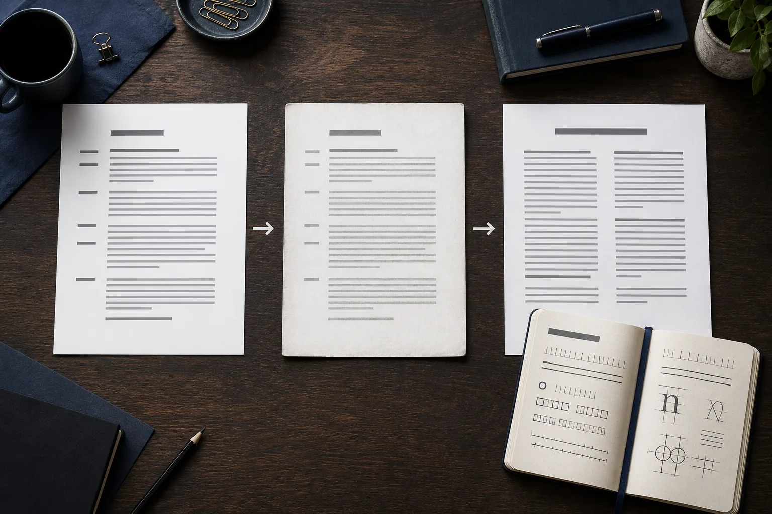 Three document samples showing a digital page, a scanned page, and a visual font comparison workflow