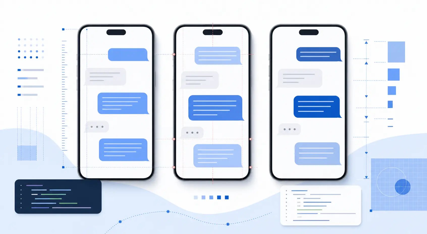 Abstract diagram of mobile message font matching using chat bubbles, spacing guides, and code blocks
