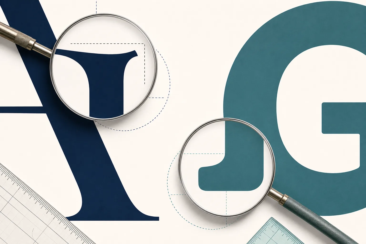 Magnified serif and sans serif terminal shapes with measuring tools