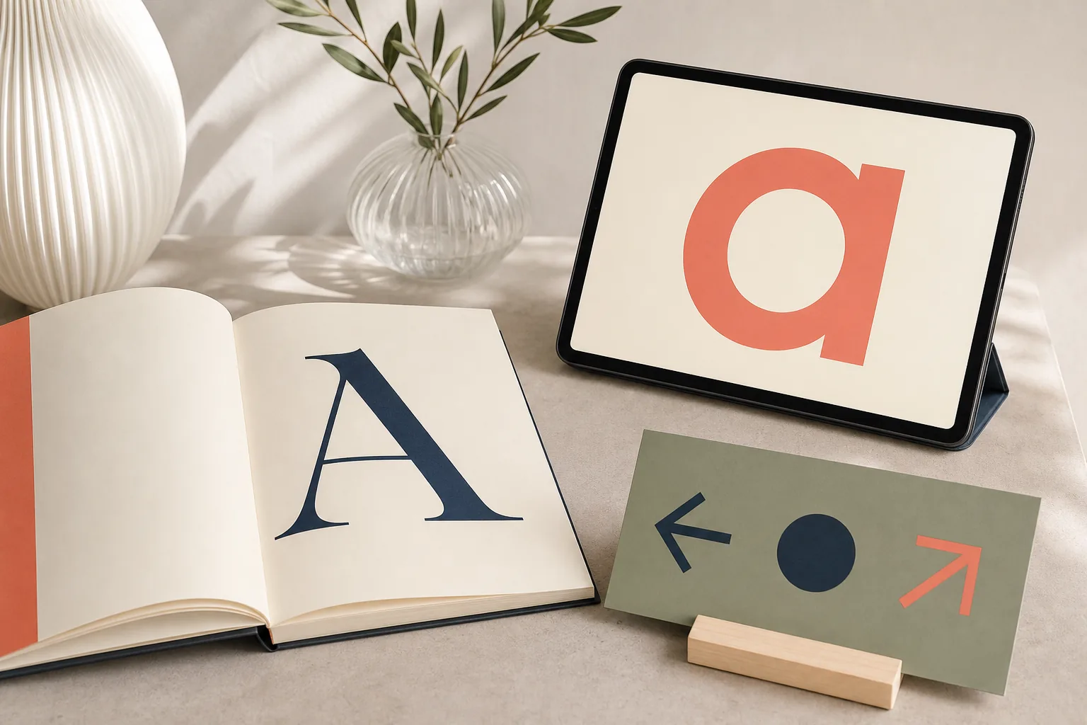 Open book with a serif letter beside a tablet and sign using sans serif forms