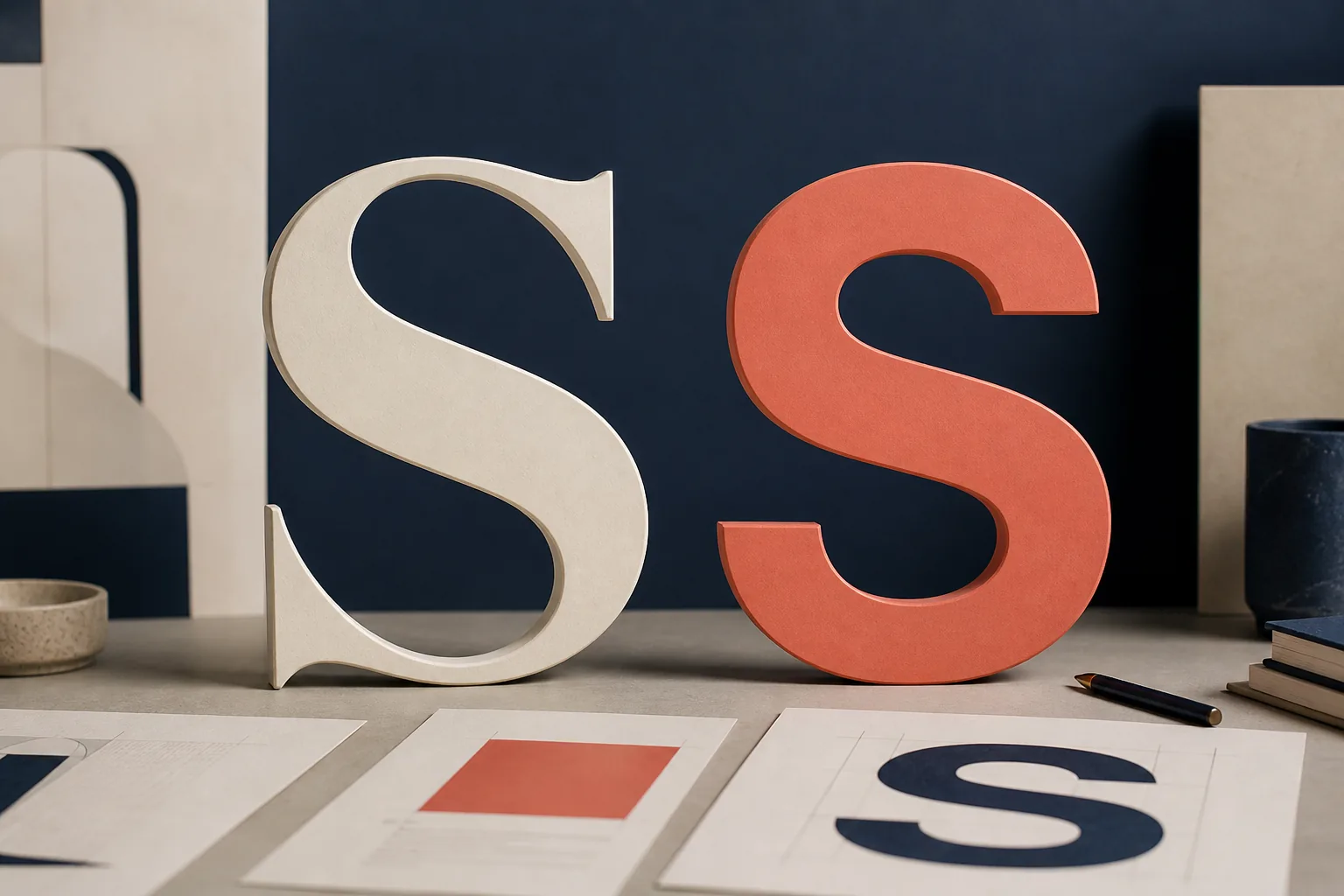 Large serif and sans serif letterforms compared on a designer worktable
