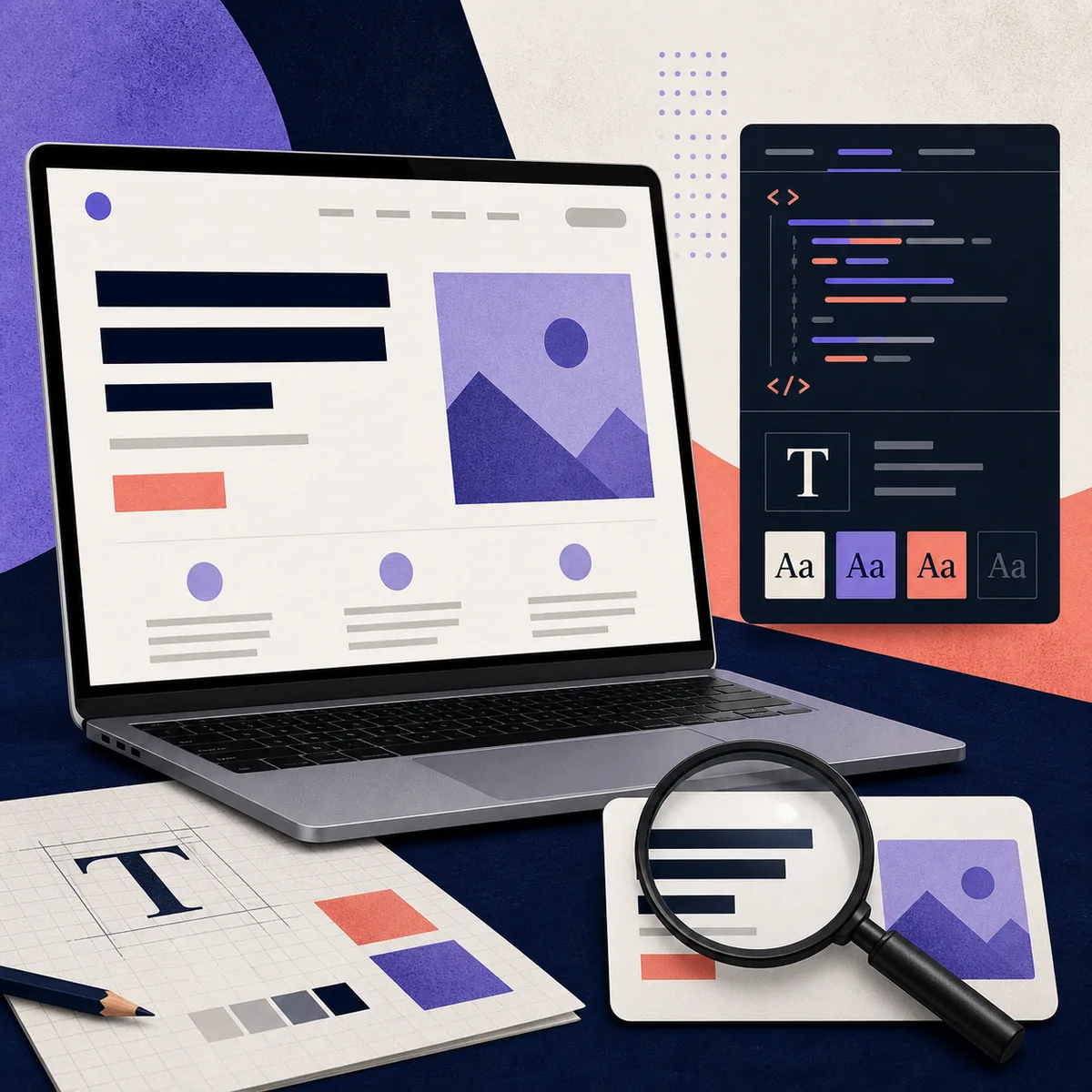 Editorial illustration of a laptop, webpage screenshot, magnifying glass, and font inspection panel