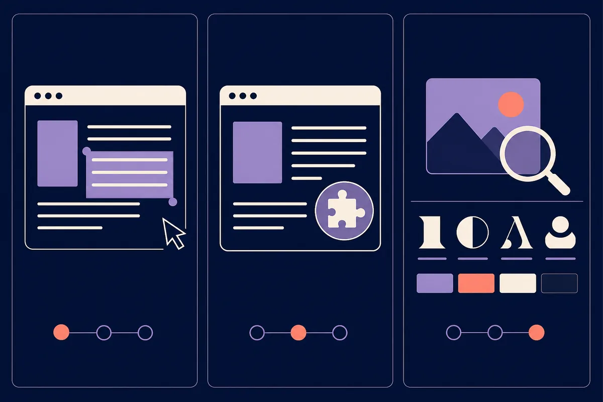 Three text-free illustrations showing element inspection, a browser extension, and screenshot font matching
