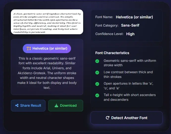 Font detector example - Helvetica font identification from clean text sample